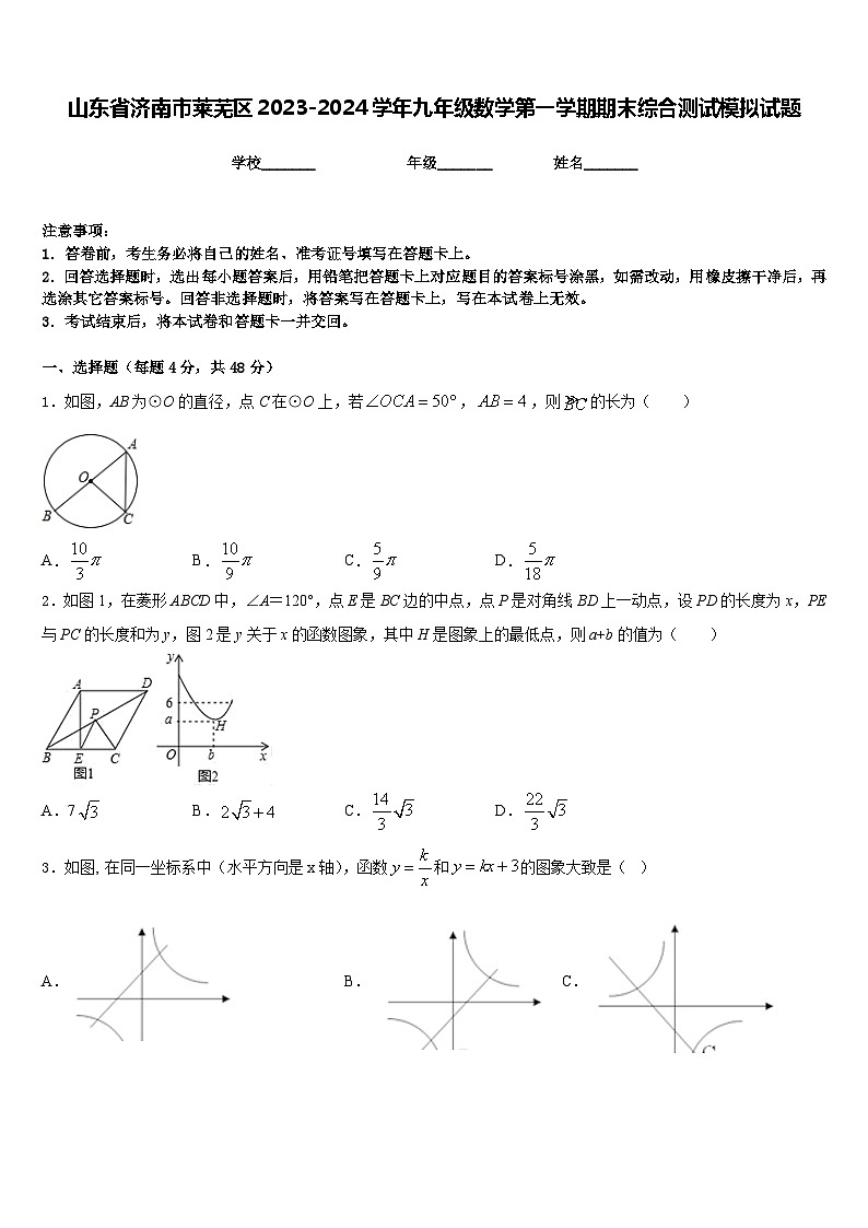 山东省济南市莱芜区2023-2024学年九年级数学第一学期期末综合测试模拟试题含答案第1页