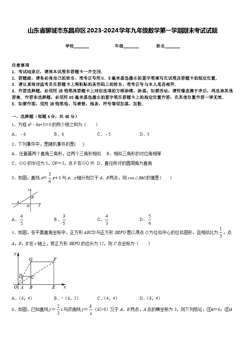 山东省聊城市东昌府区2023-2024学年九年级数学第一学期期末考试试题含答案01