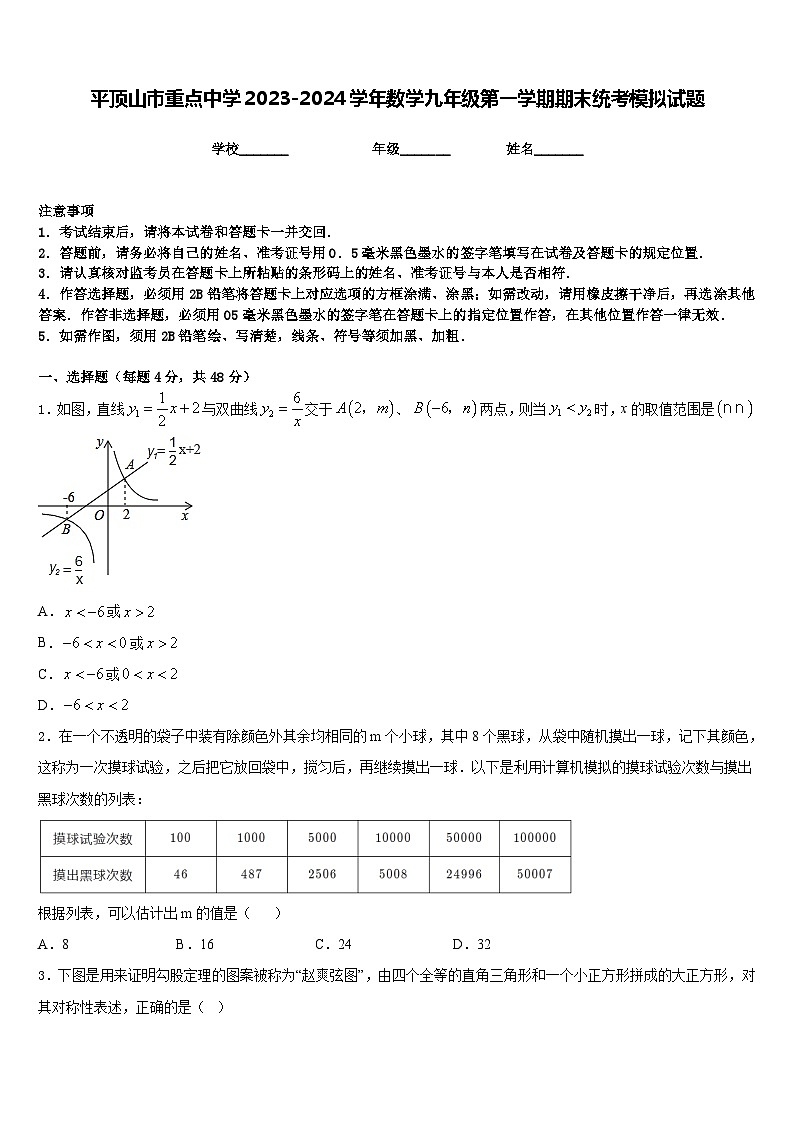平顶山市重点中学2023-2024学年数学九年级第一学期期末统考模拟试题含答案第1页