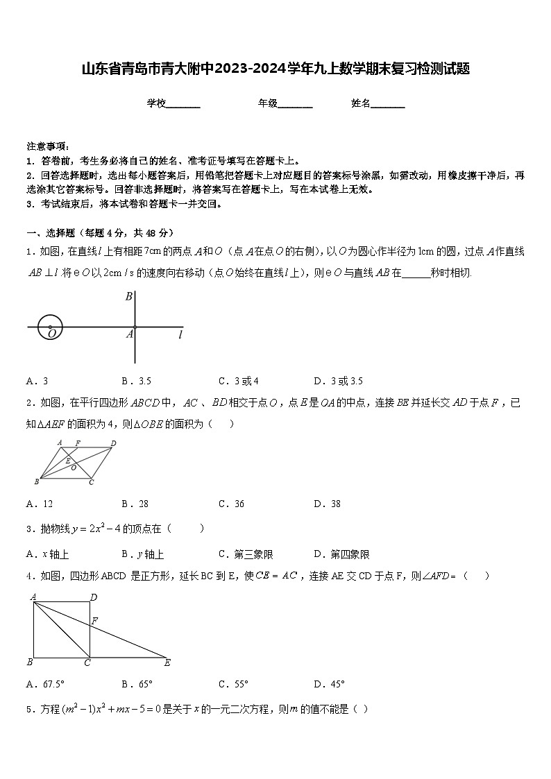 山东省青岛市青大附中2023-2024学年九上数学期末复习检测试题含答案01
