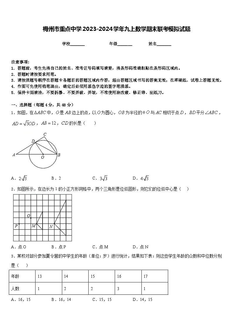 梅州市重点中学2023-2024学年九上数学期末联考模拟试题含答案01
