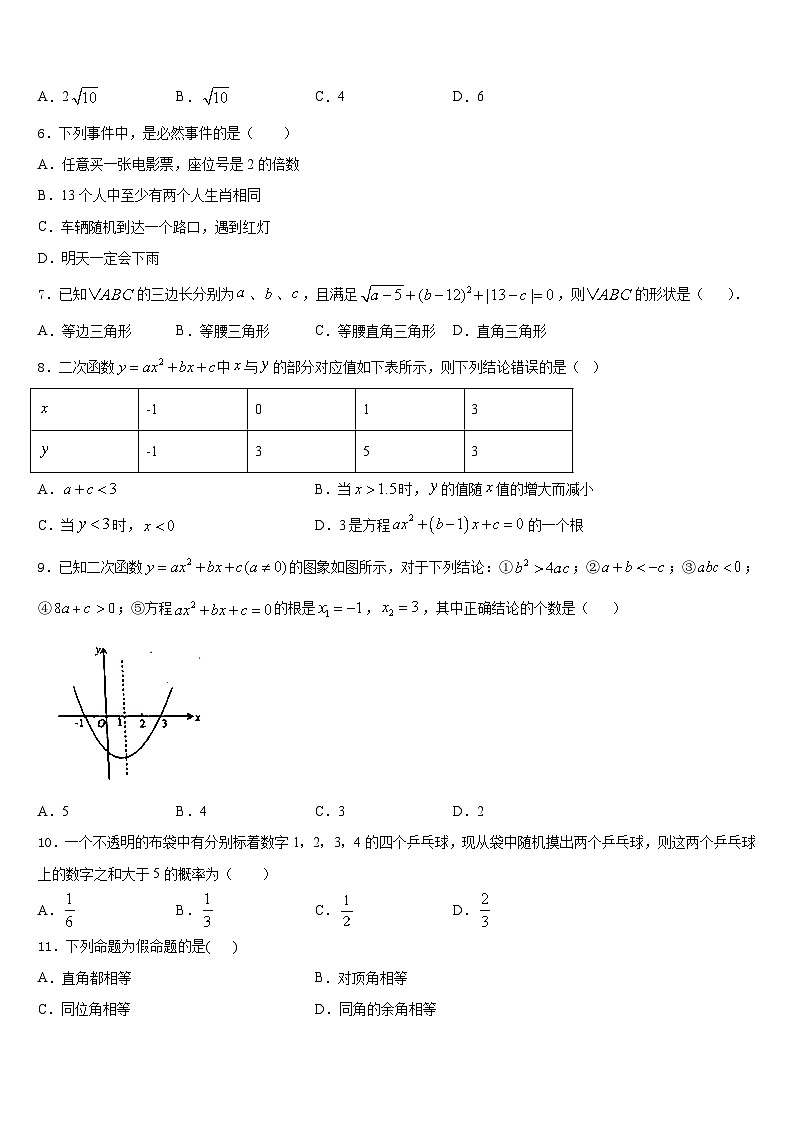 江苏省盱眙县2023-2024学年九上数学期末复习检测模拟试题含答案02