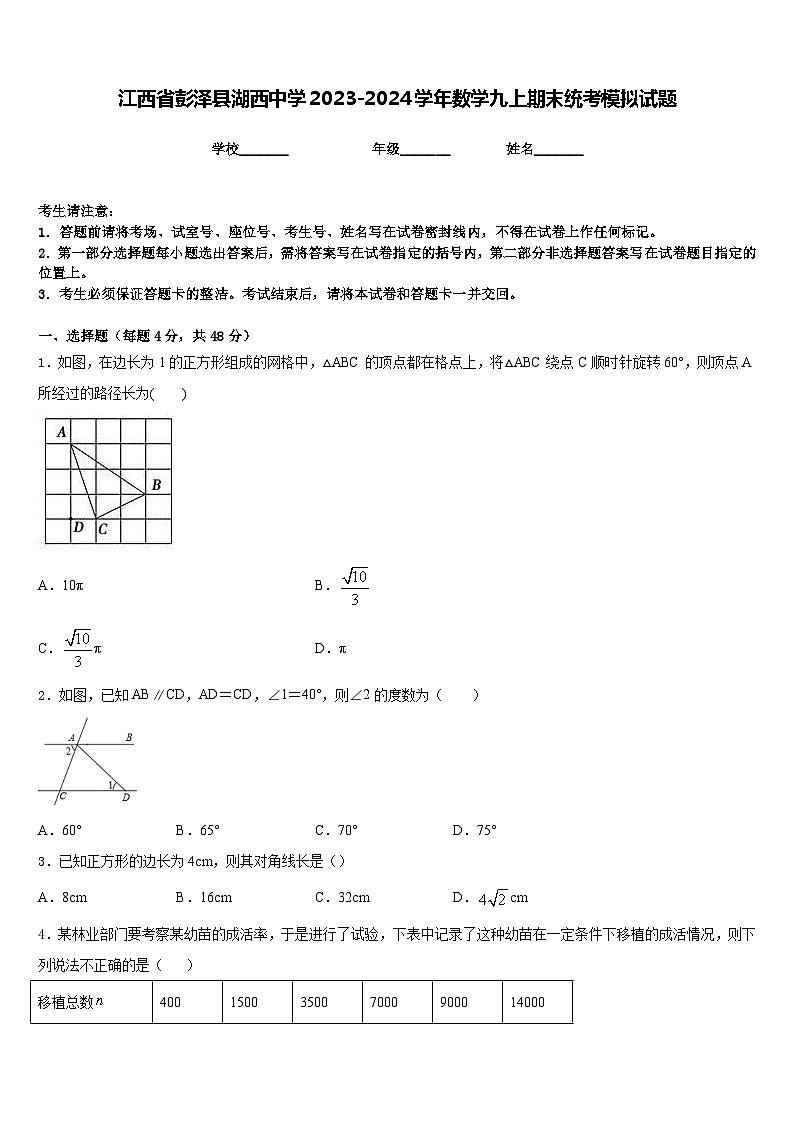 江西省彭泽县湖西中学2023-2024学年数学九上期末统考模拟试题含答案01