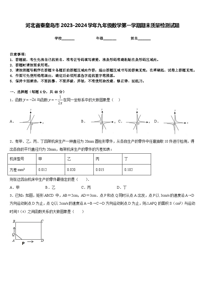 河北省秦皇岛市2023-2024学年九年级数学第一学期期末质量检测试题含答案第1页
