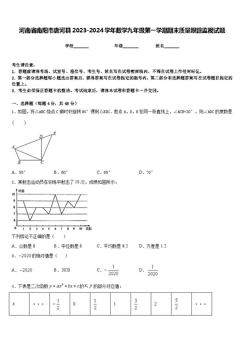河南省南阳市唐河县2023-2024学年数学九年级第一学期期末质量跟踪监视试题含答案01