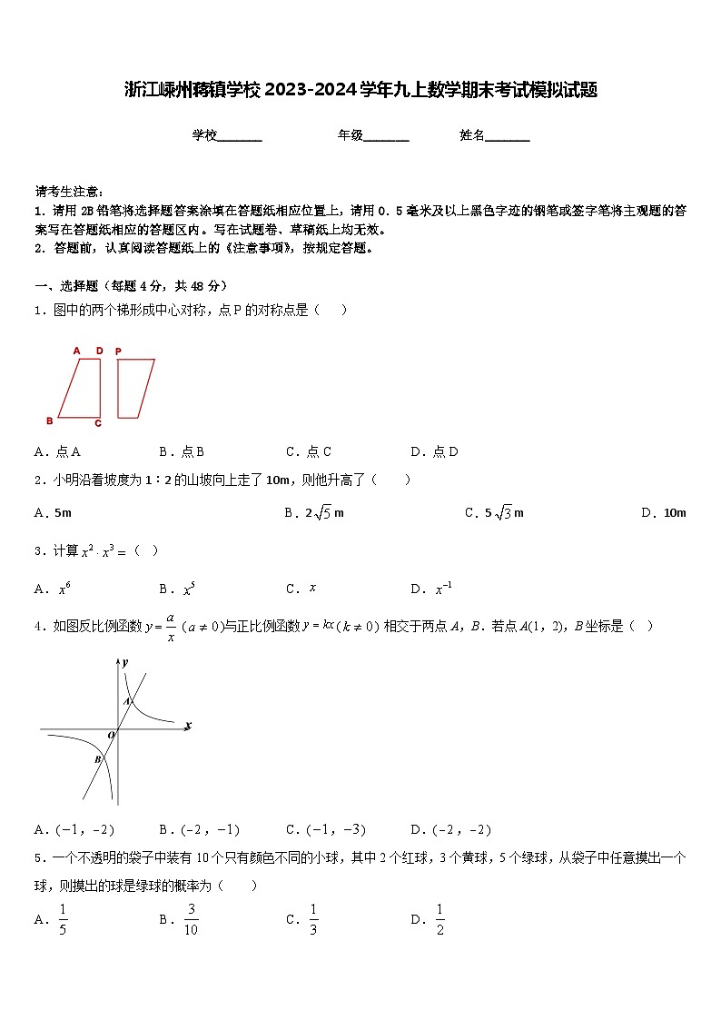 浙江嵊州蒋镇学校2023-2024学年九上数学期末考试模拟试题含答案01