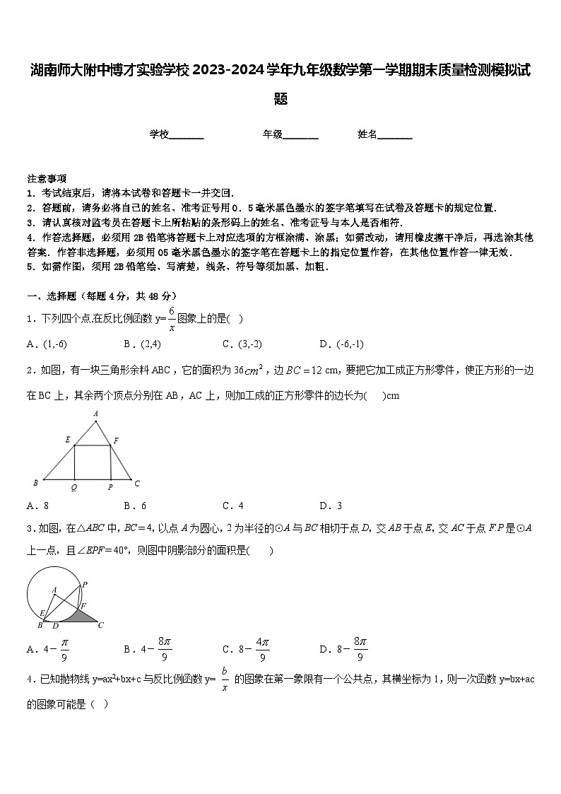 湖南师大附中博才实验学校2023-2024学年九年级数学第一学期期末质量检测模拟试题含答案第1页