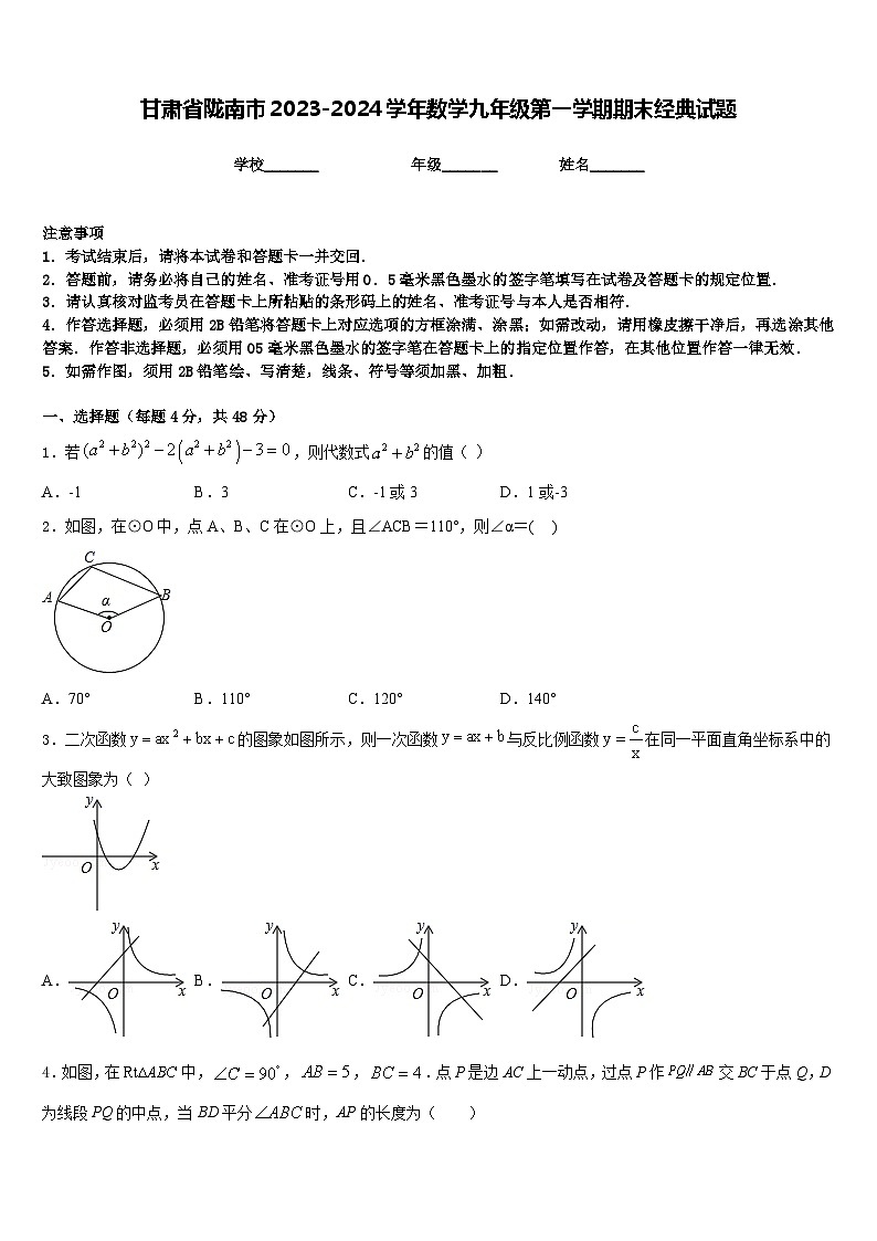 甘肃省陇南市2023-2024学年数学九年级第一学期期末经典试题含答案第1页