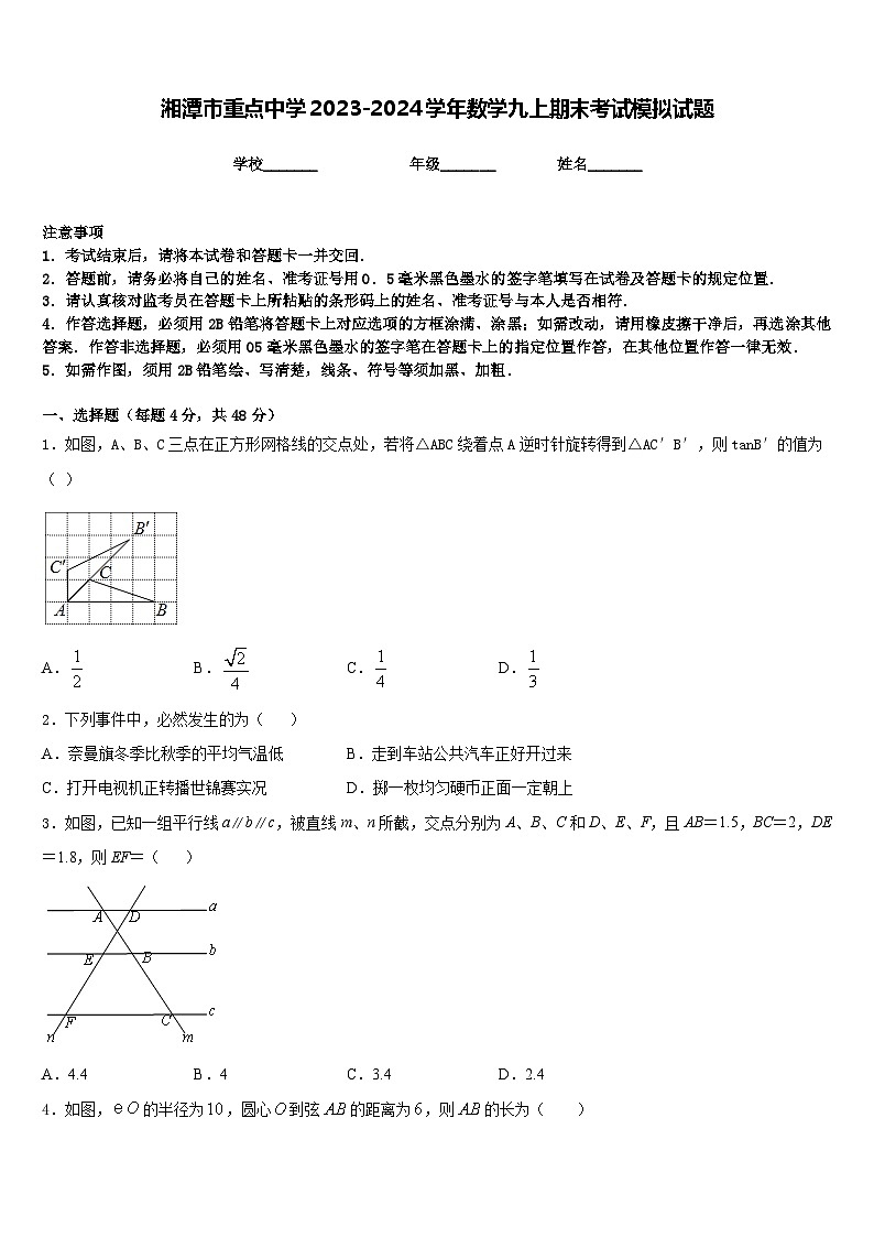 湘潭市重点中学2023-2024学年数学九上期末考试模拟试题含答案第1页