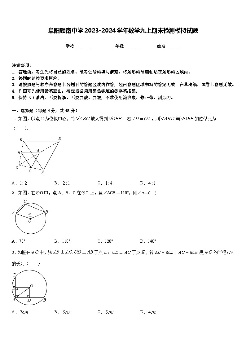 阜阳颍南中学2023-2024学年数学九上期末检测模拟试题含答案第1页