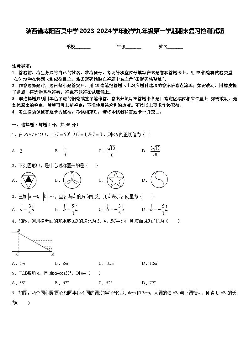 陕西省咸阳百灵中学2023-2024学年数学九年级第一学期期末复习检测试题含答案01