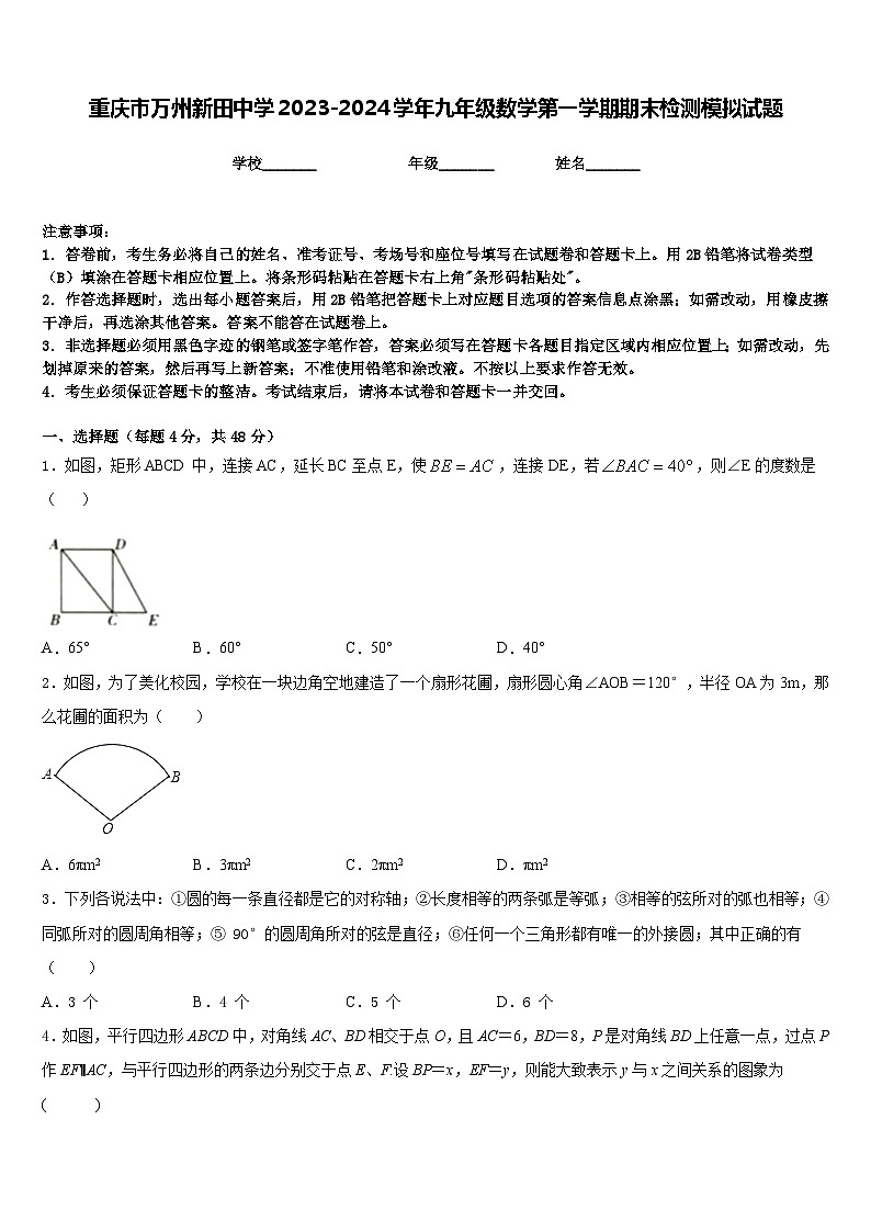重庆市万州新田中学2023-2024学年九年级数学第一学期期末检测模拟试题含答案01