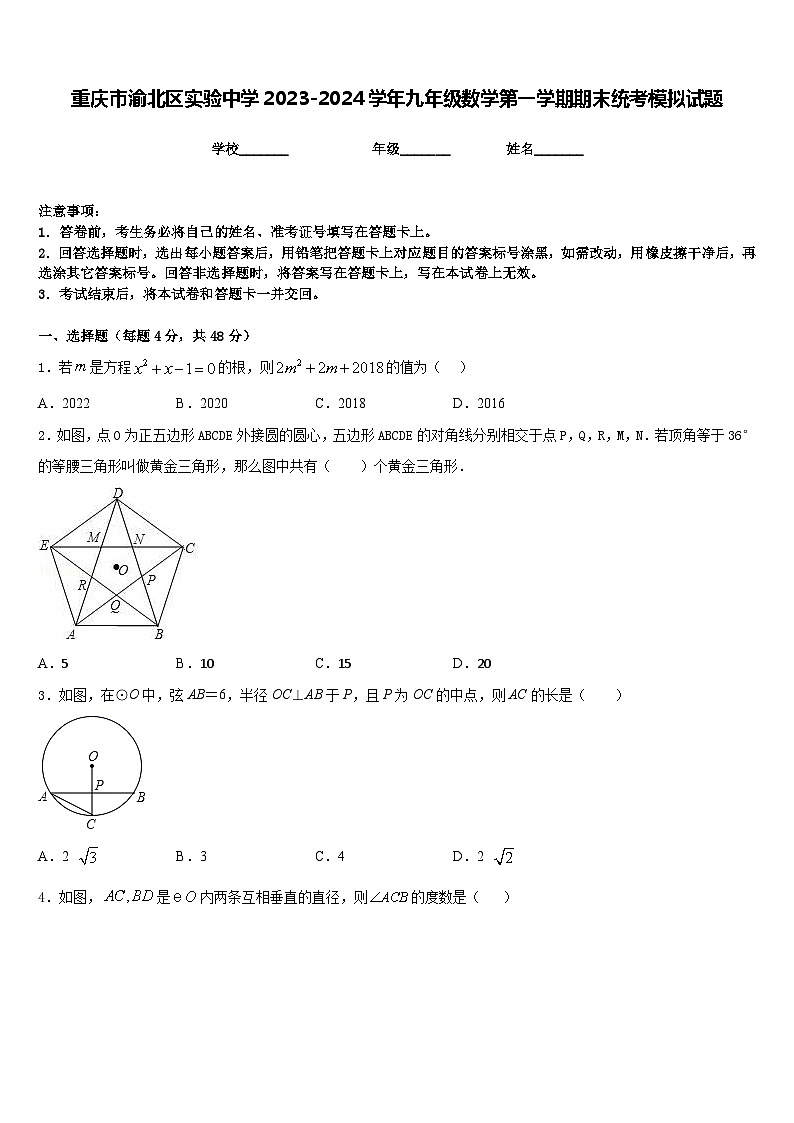 重庆市渝北区实验中学2023-2024学年九年级数学第一学期期末统考模拟试题含答案01