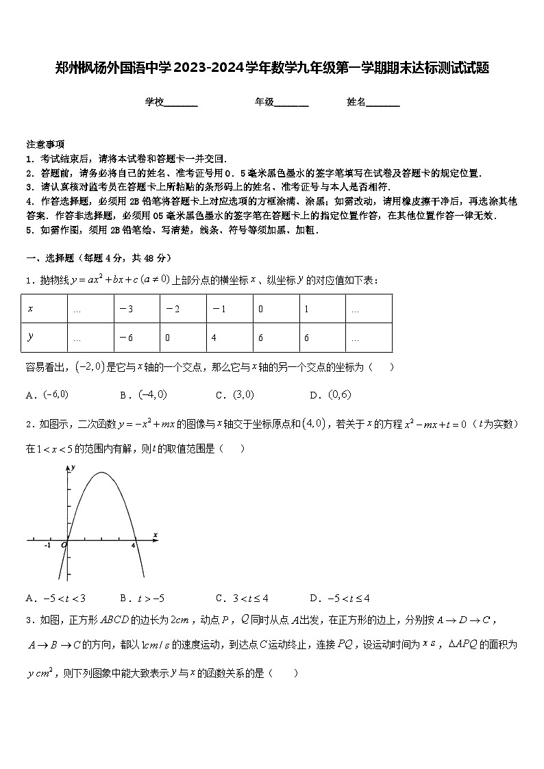 郑州枫杨外国语中学2023-2024学年数学九年级第一学期期末达标测试试题含答案01
