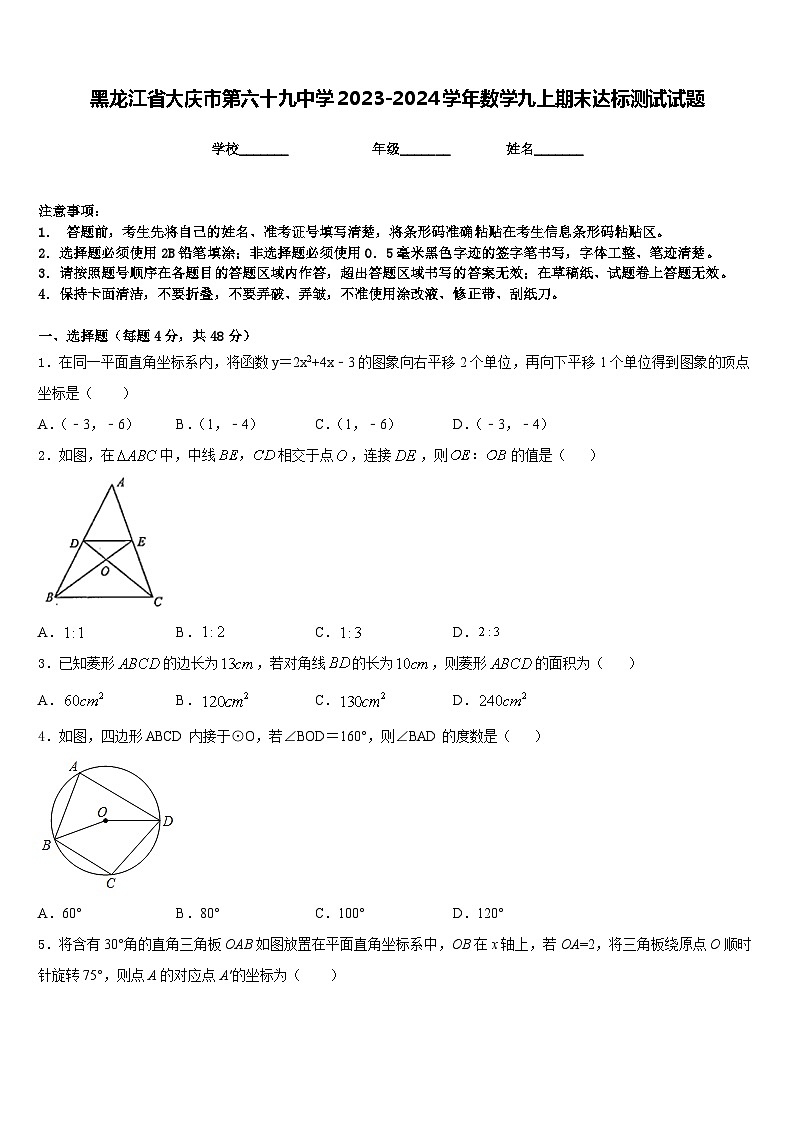 黑龙江省大庆市第六十九中学2023-2024学年数学九上期末达标测试试题含答案第1页
