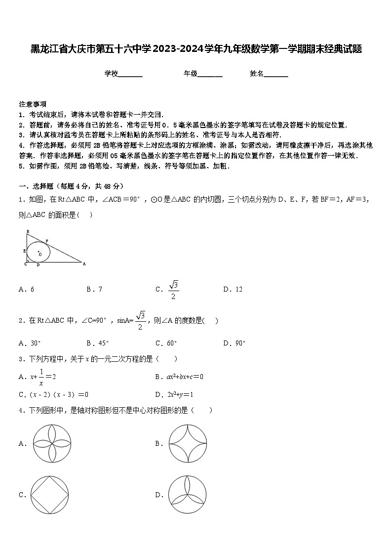 黑龙江省大庆市第五十六中学2023-2024学年九年级数学第一学期期末经典试题含答案第1页
