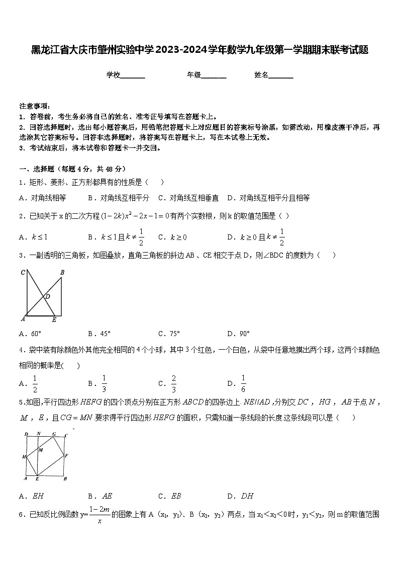 黑龙江省大庆市肇州实验中学2023-2024学年数学九年级第一学期期末联考试题含答案第1页