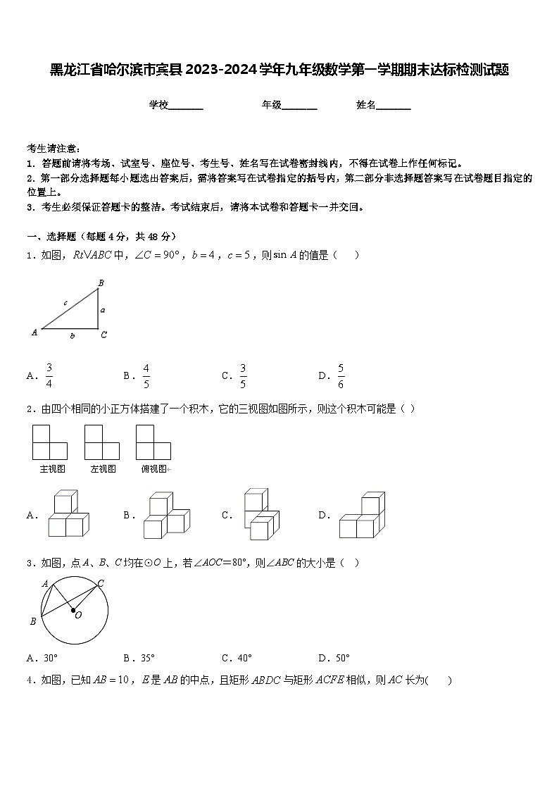 黑龙江省哈尔滨市宾县2023-2024学年九年级数学第一学期期末达标检测试题含答案第1页