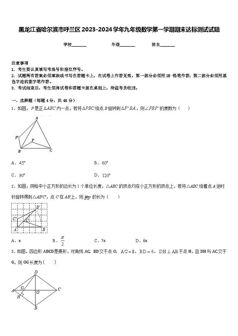 黑龙江省哈尔滨市呼兰区2023-2024学年九年级数学第一学期期末达标测试试题含答案第1页