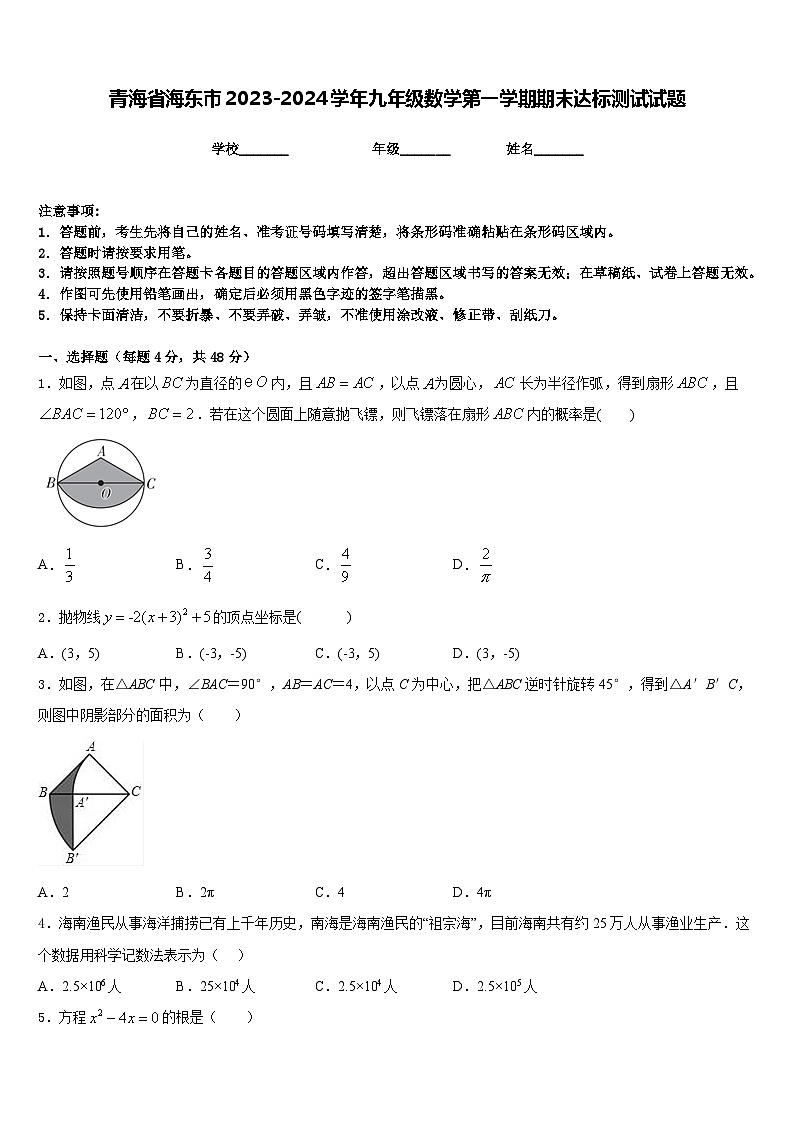 青海省海东市2023-2024学年九年级数学第一学期期末达标测试试题含答案01
