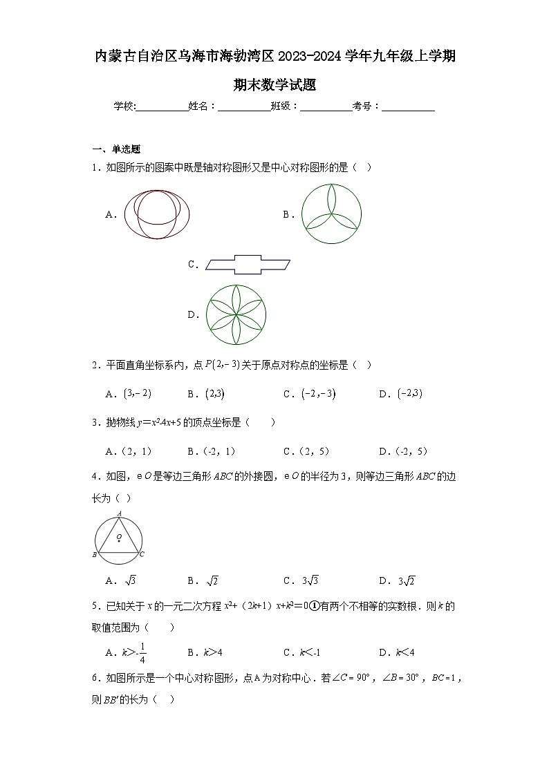 内蒙古自治区乌海市海勃湾区2023-2024学年九年级上学期期末数学试题(含答案)01