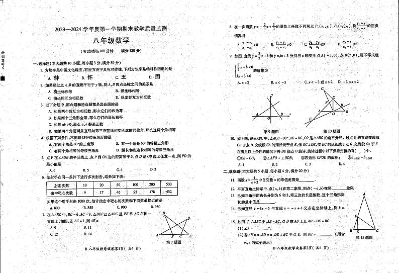 安徽省蚌埠市固镇县2023-2024学年八年级上学期期末考试数学试卷第1页