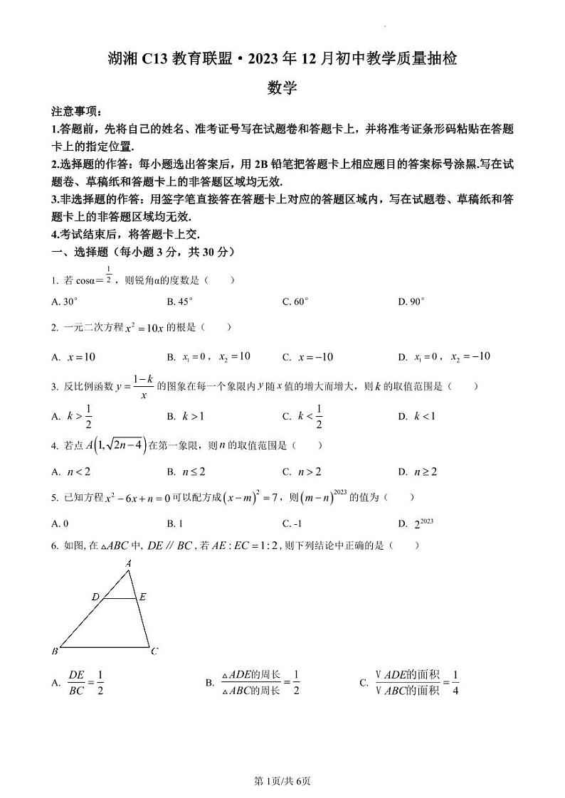 湖湘C13教育联盟2024九年级质量检测数学模拟试卷及参考答案01