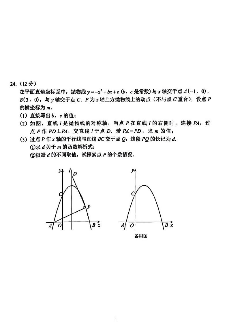 2024武汉市各区九年级期末考试压轴题合集无答案第1页