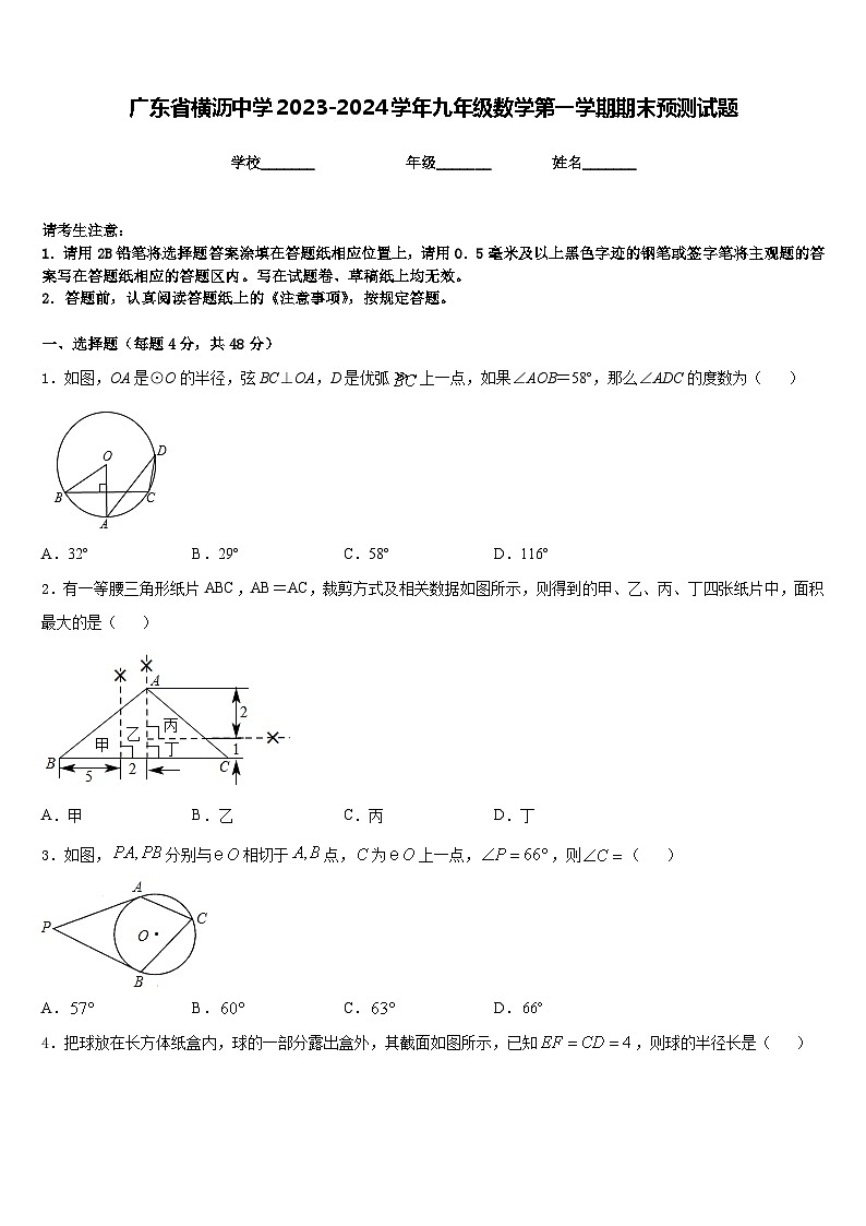 广东省横沥中学2023-2024学年九年级数学第一学期期末预测试题含答案01
