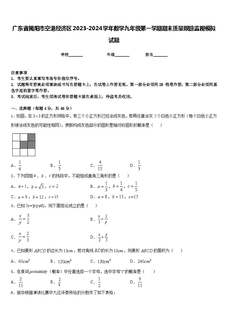 广东省揭阳市空港经济区2023-2024学年数学九年级第一学期期末质量跟踪监视模拟试题含答案第1页