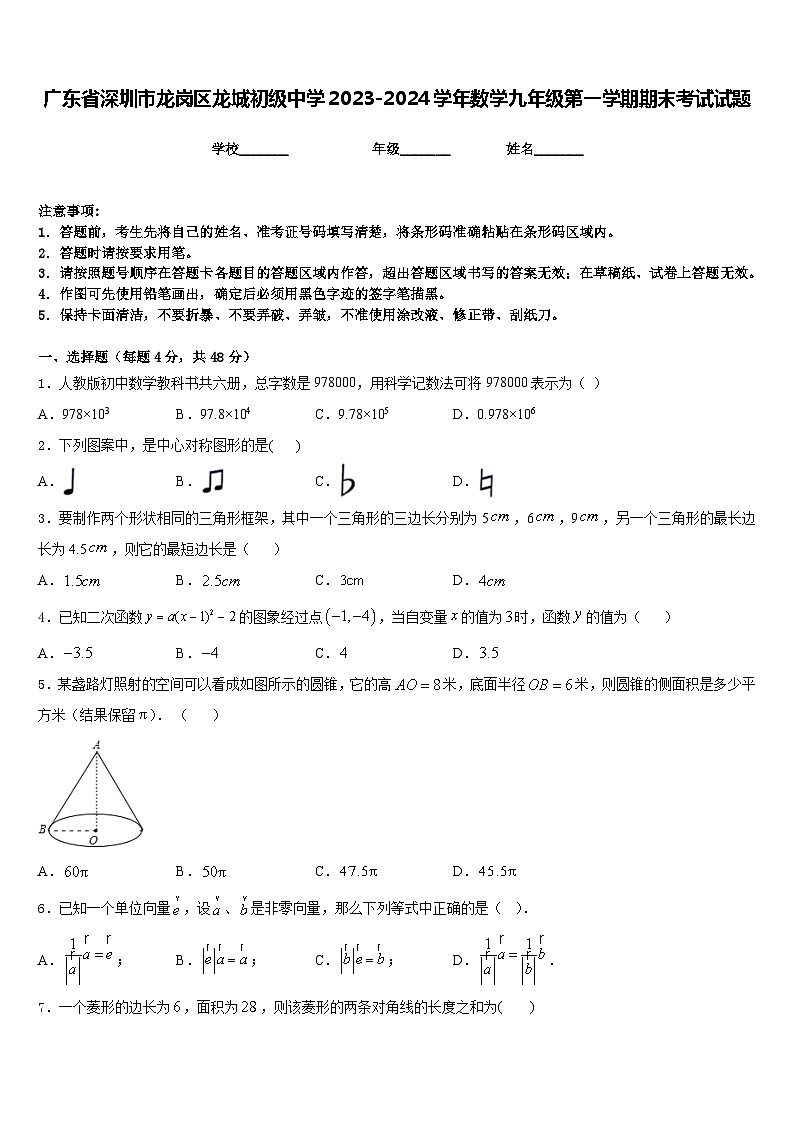 广东省深圳市龙岗区龙城初级中学2023-2024学年数学九年级第一学期期末考试试题含答案第1页
