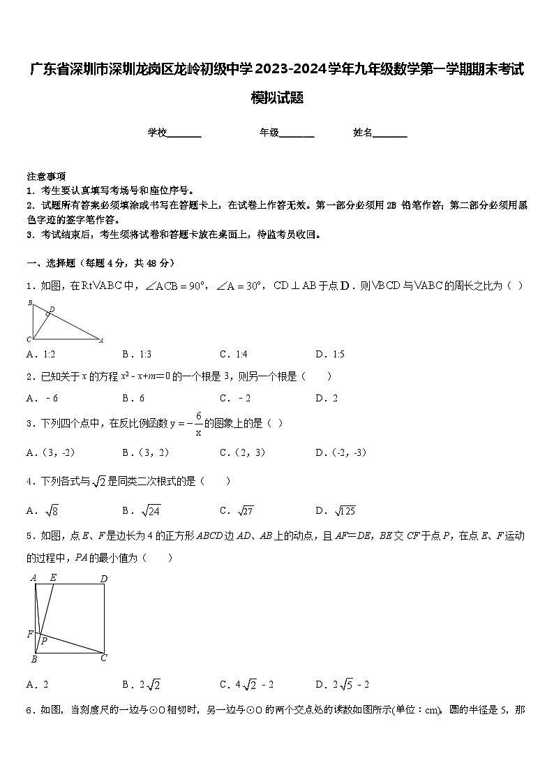 广东省深圳市深圳龙岗区龙岭初级中学2023-2024学年九年级数学第一学期期末考试模拟试题含答案01