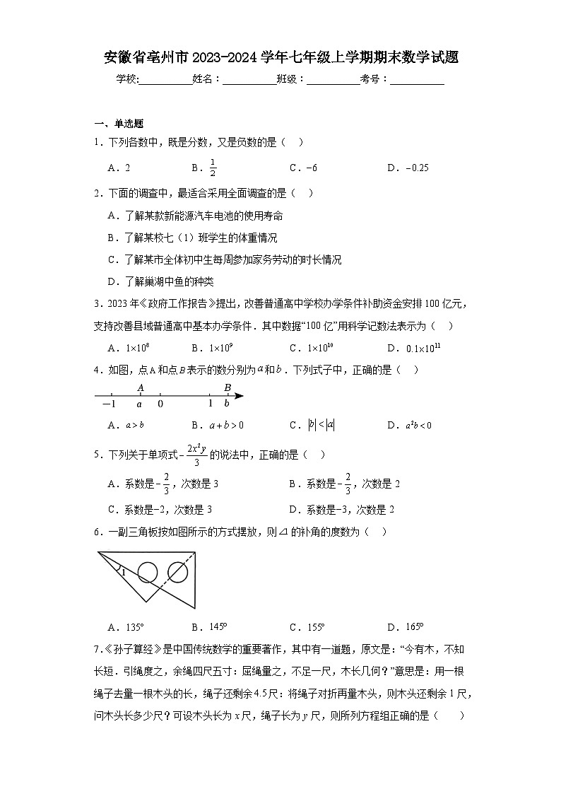 安徽省亳州市2023-2024学年七年级上学期期末数学试题(含答案)01
