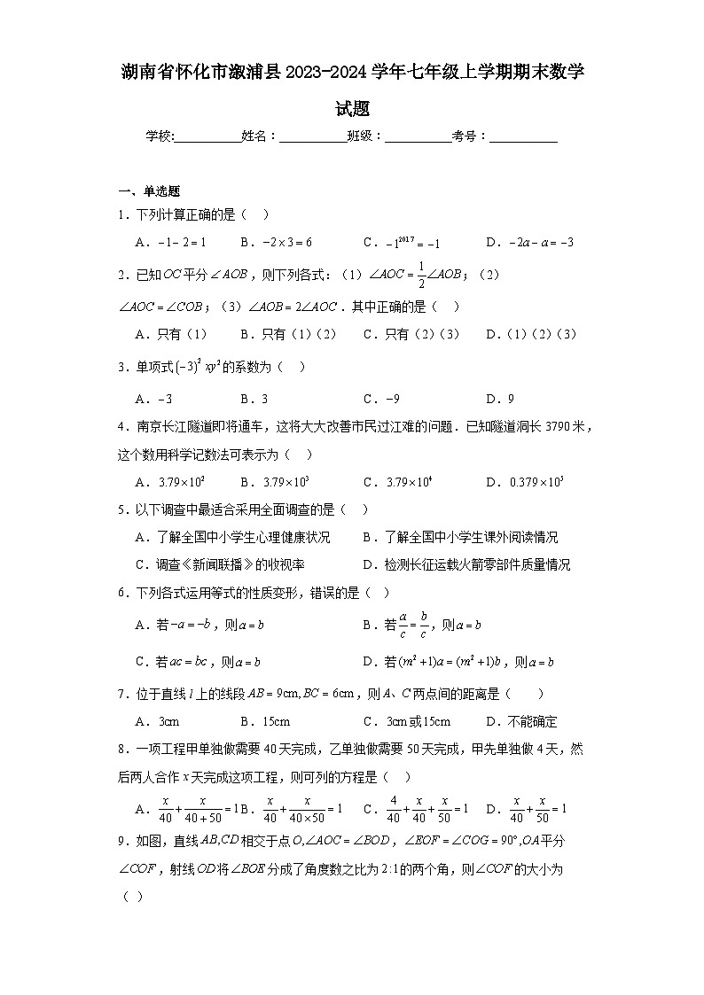 湖南省怀化市溆浦县2023-2024学年七年级上学期期末数学试题(含答案)01