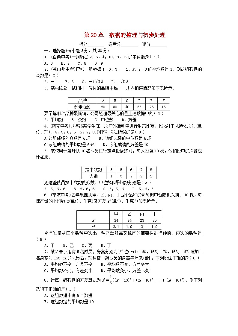 2024八年级数学下册第20章数据的整理与初步处理检测卷（附答案华东师大版）第1页