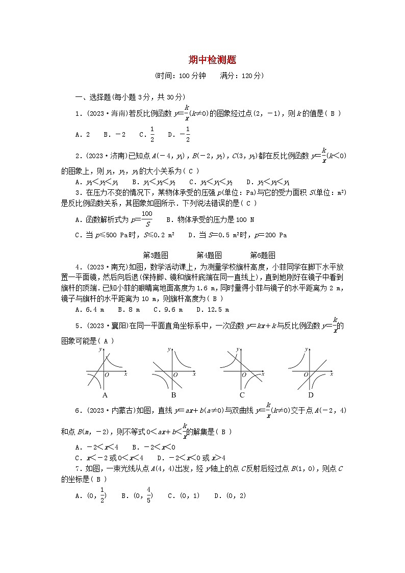 2024九年级数学下学期期中检测题（附答案人教版）第1页