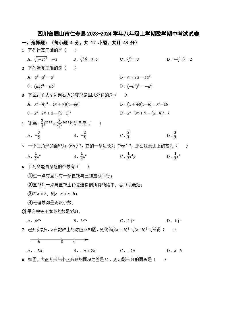 四川省眉山市仁寿县2023-2024学年八年级上学期数学期中考试试卷01