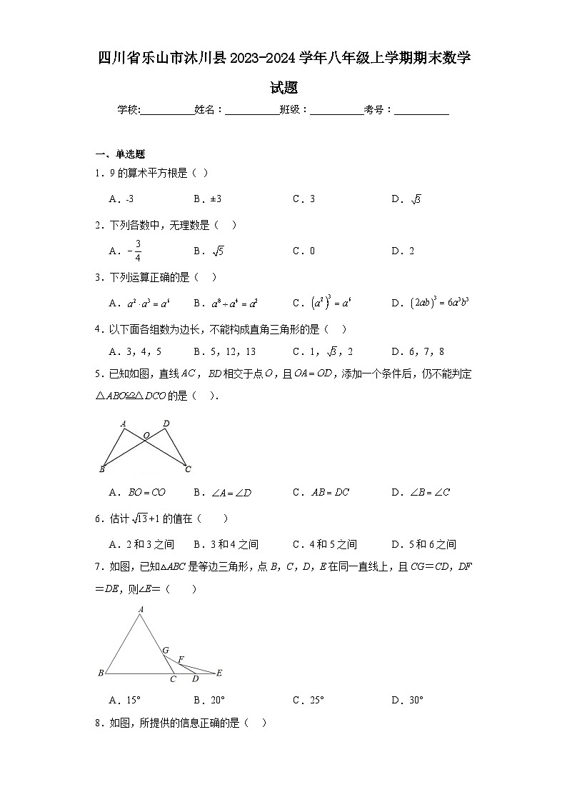 四川省乐山市沐川县2023-2024学年八年级上学期期末数学试题(含答案)01