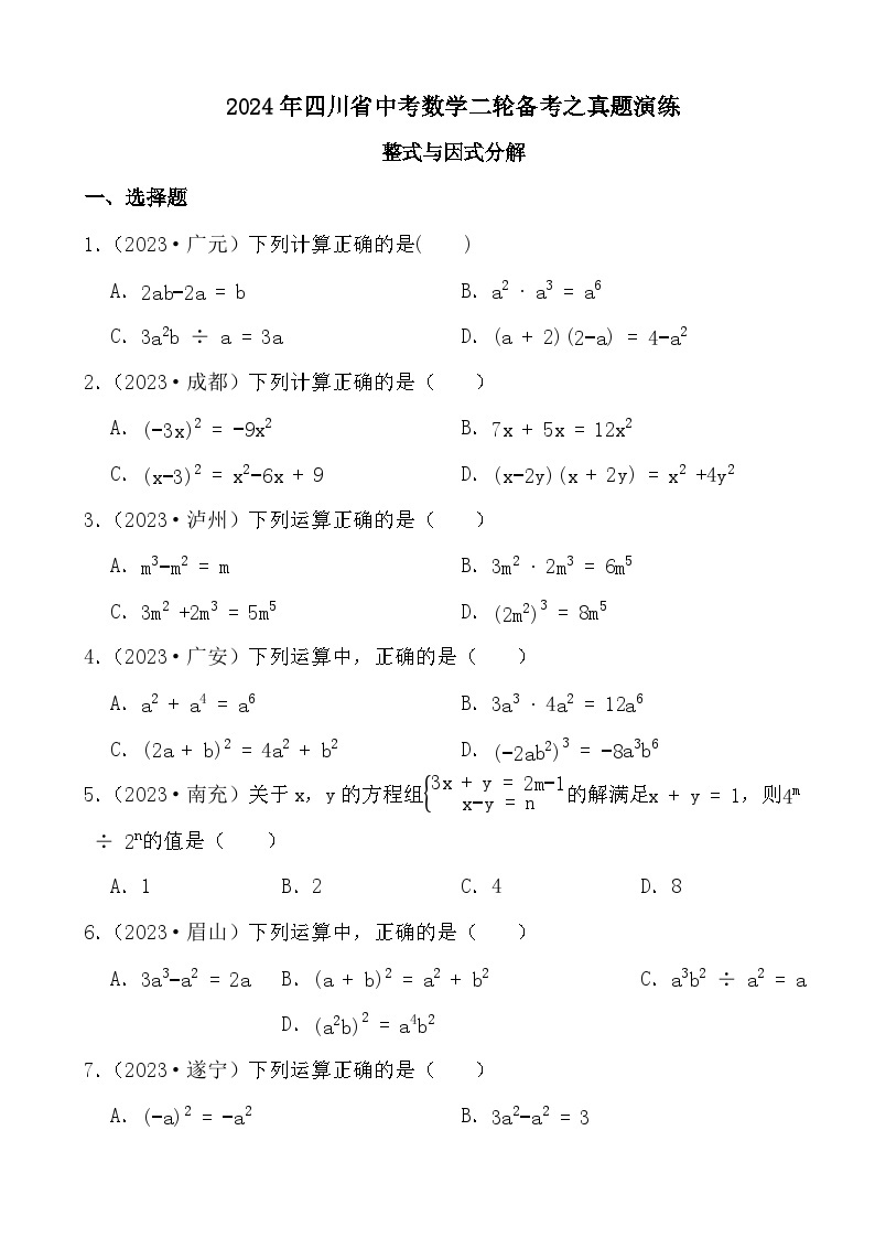 2024年四川省中考数学二轮备考之真题演练整式与因式分解01