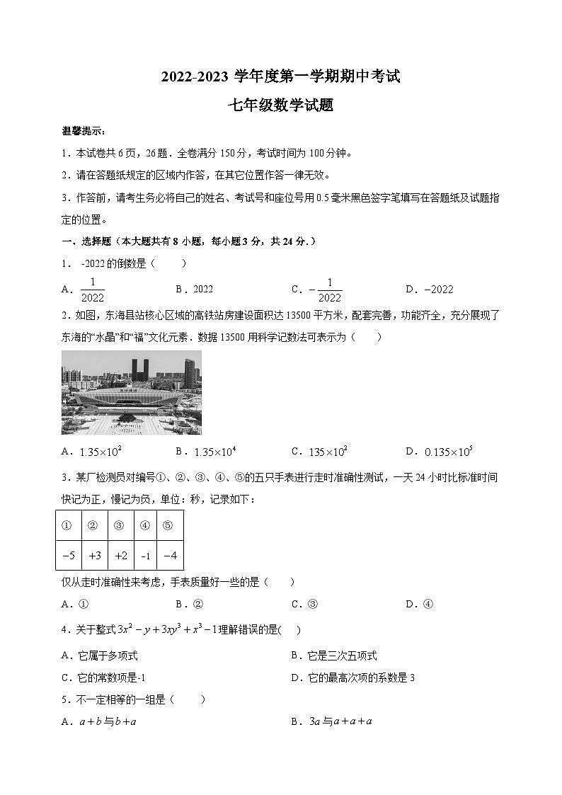连云港市东海县2022-2023学年七年级上学期期中数学试题（含答案解析）01