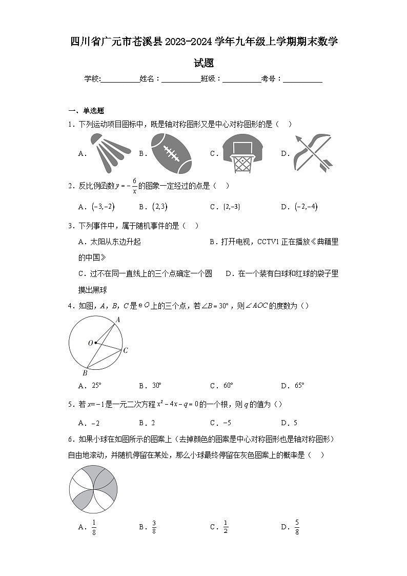 四川省广元市苍溪县2023-2024学年九年级上学期期末数学试题(含答案)01