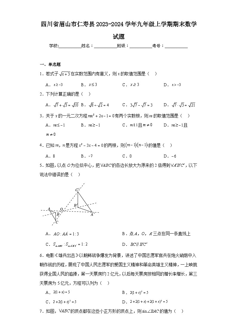 四川省眉山市仁寿县2023-2024学年九年级上学期期末数学试题(含答案)第1页