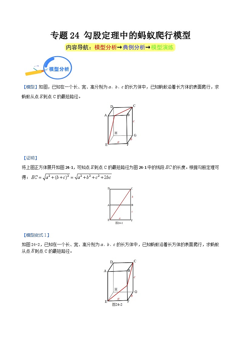 专题24 勾股定理中的蚂蚁爬行模型（教师版）-中考数学几何模型重点突破讲练01