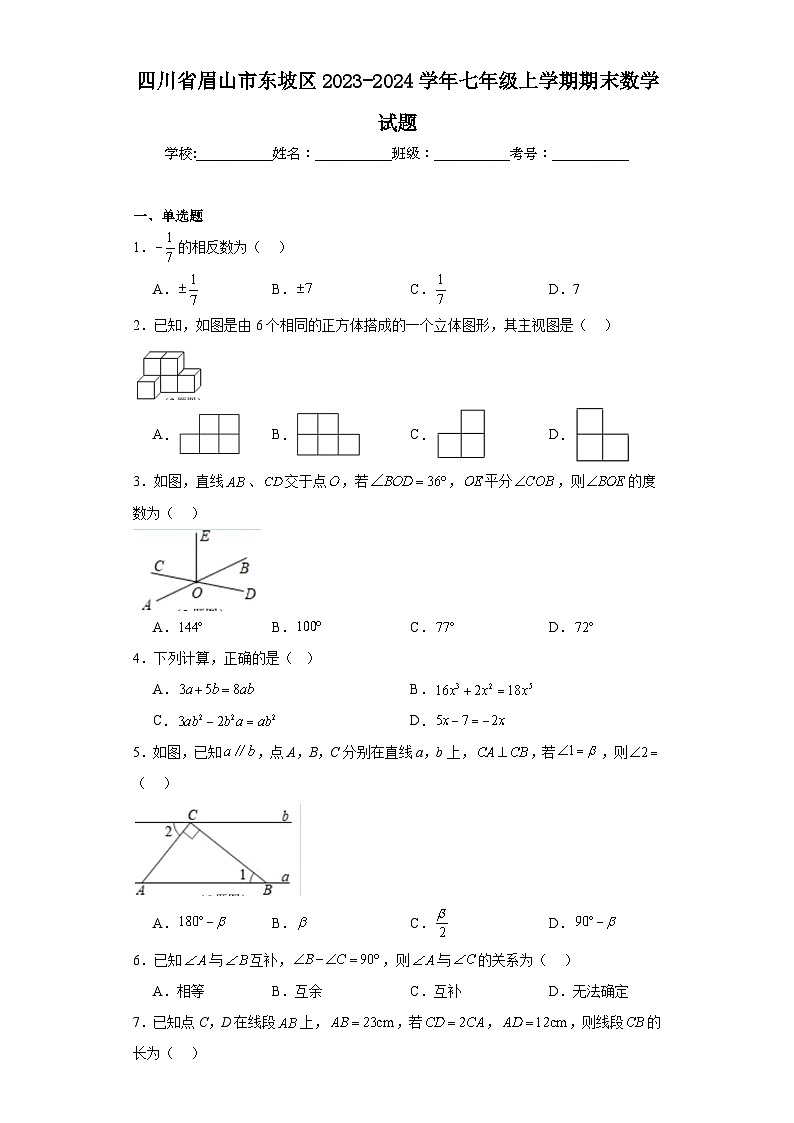 四川省眉山市东坡区2023-2024学年七年级上学期期末数学试题(含答案)第1页