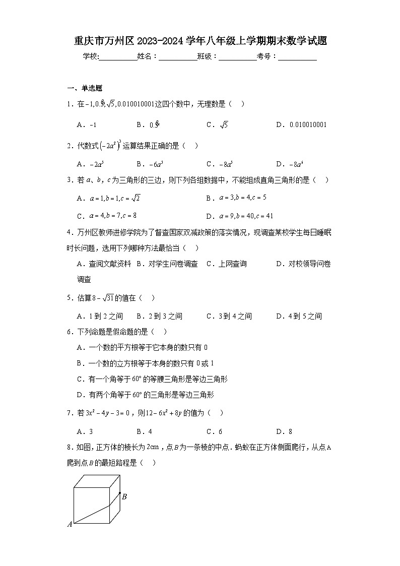 重庆市万州区2023-2024学年八年级上学期期末数学试题(含答案)01