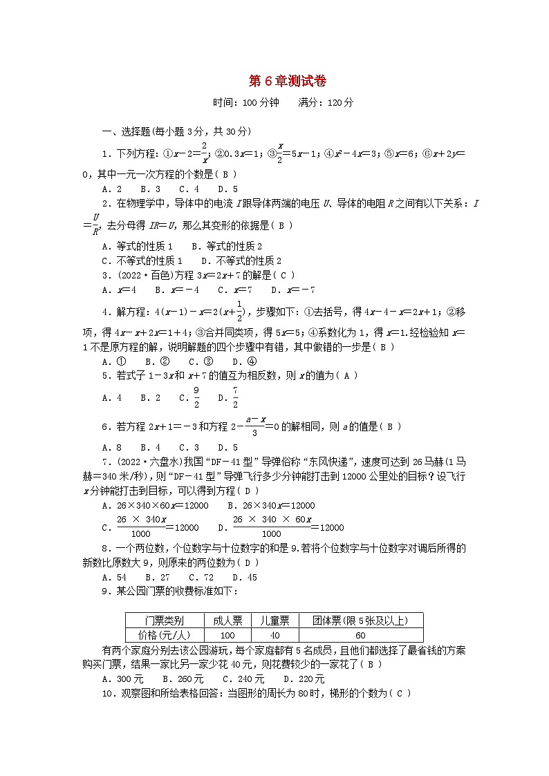 2024七年级数学下册第6章一元一次方程测试卷及答案（华东师大版）01
