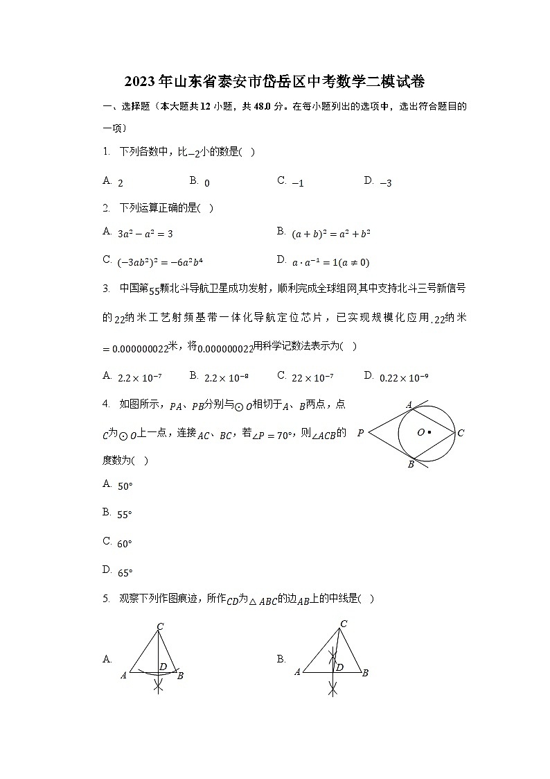 山东省泰安市岱岳区2023届九年级下学期中考二模数学试卷(含解析)01