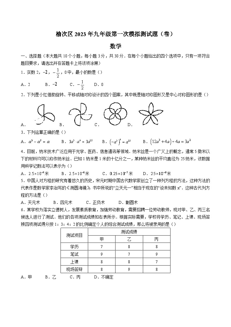 山西省晋中市榆次区2023届九年级下学期中考一模数学试卷(含答案)第1页
