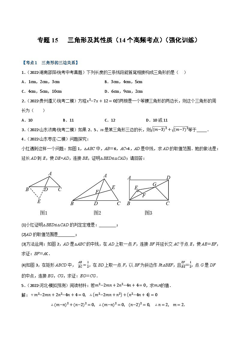 （全国通用）中考数学总复习 专题15 三角形及其性质（14个高频考点）（强化训练）（原卷版+解析）第1页