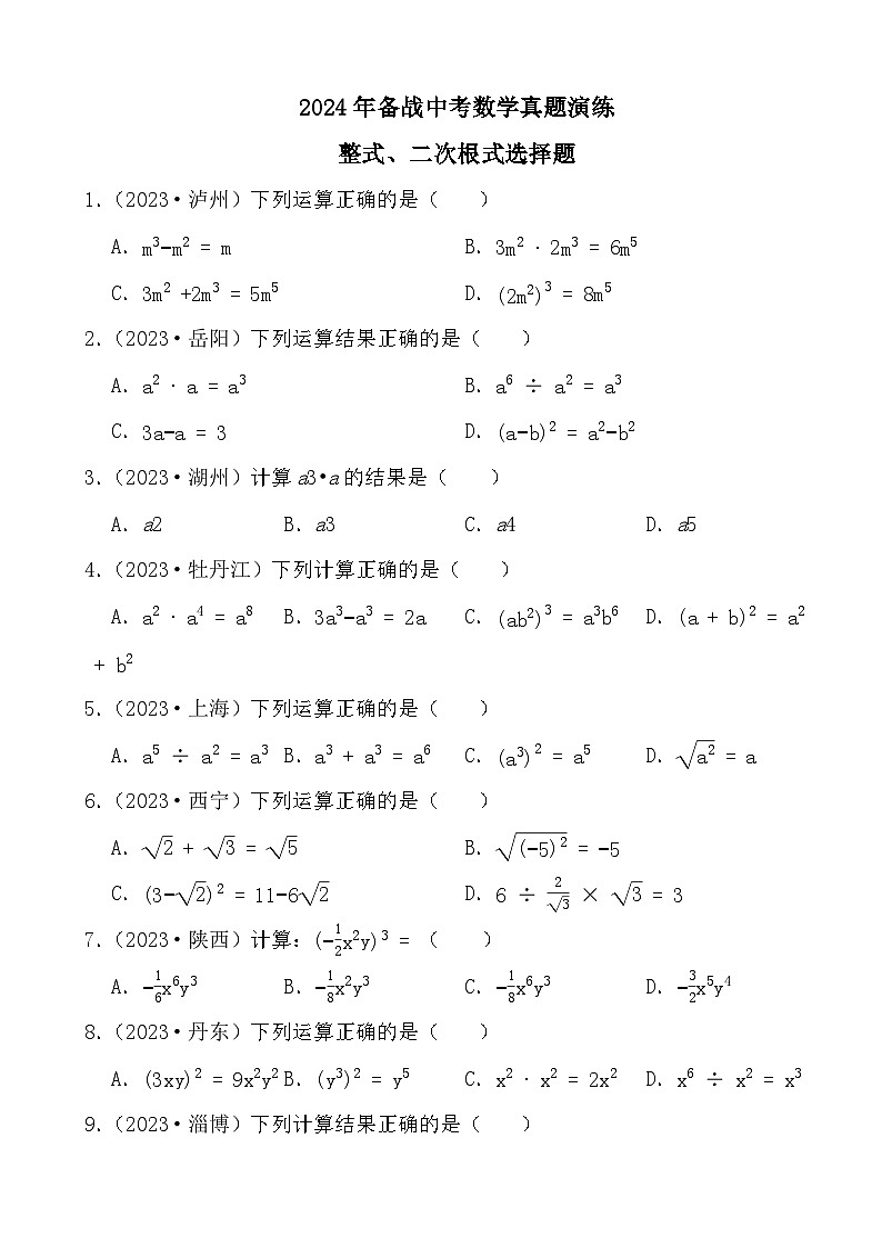 2024年备战中考数学真题演练整式、二次根式选择题第1页